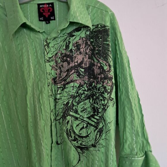 MZ.U.S.A. Shirt Men's Large L Green Graphic Print Button Up Abstract Embroidered - Picture 2 of 9